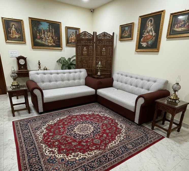 Premium L-Shaped Tufted Fabric & Leatherette Sofa Set (Brown & Grey) - Image 3